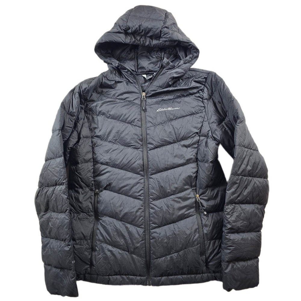 Eddie Bauer Down Puffer Jacket Womens Medium Black Hooded Quilted EB 650 Fill